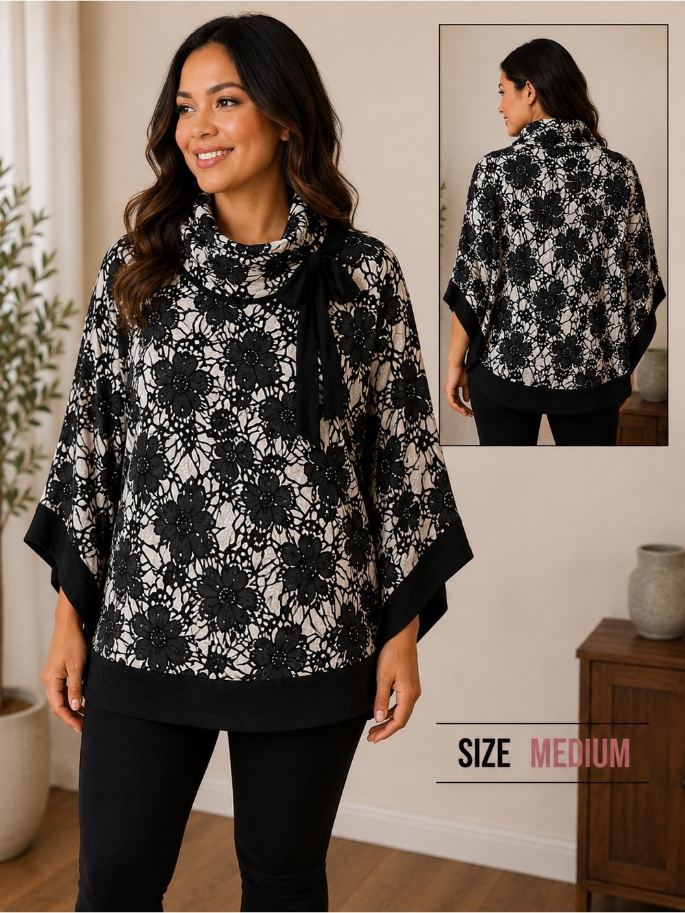 Michael Kors Black and White Floral Cowl Neck Cape MEDIUM